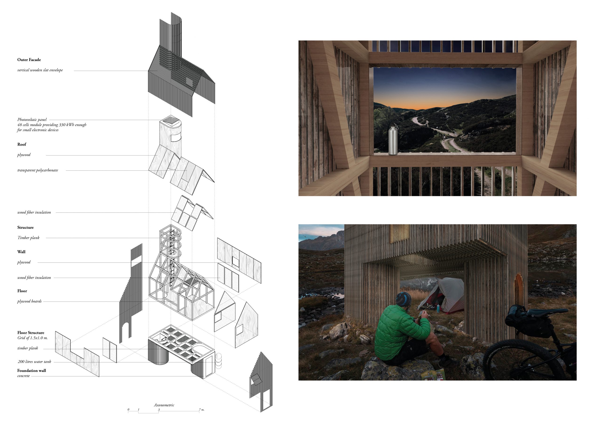 verasustudio work, beacon of refuge, 2019, axonometric drawing, A cabin for Euro Velo 6
